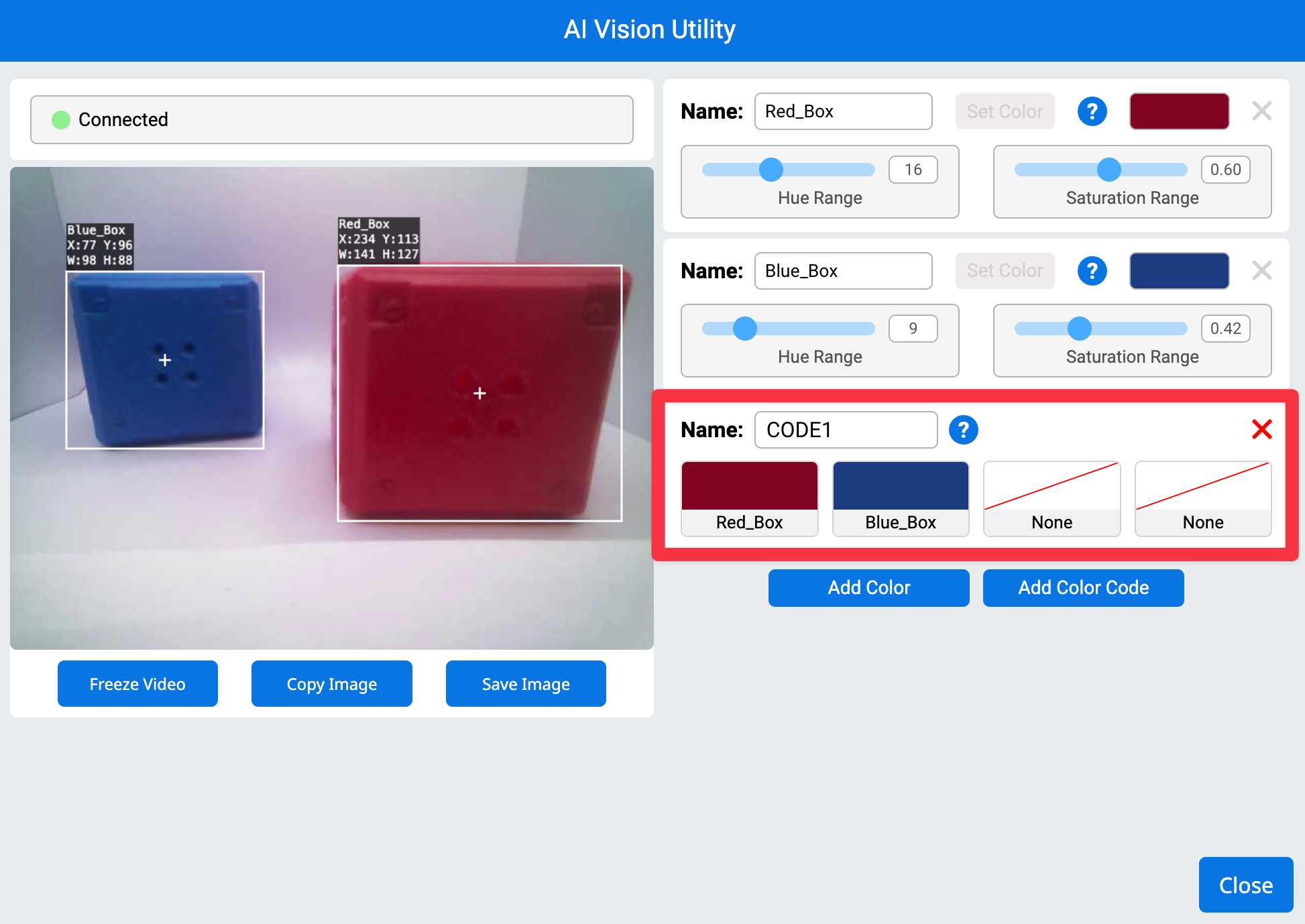 Same image as before with a new section beneath the color signatures on the right that is highlighted. This section shows a color code named Color 1 with red box on the left and blue box on the right.