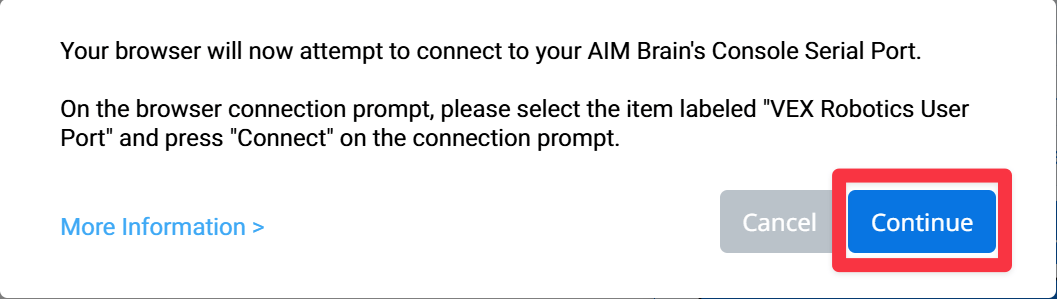 Connection prompt in VEXcode explaining to Windows users that in the following window, they need to select the option reading VEX Robotics User Port.