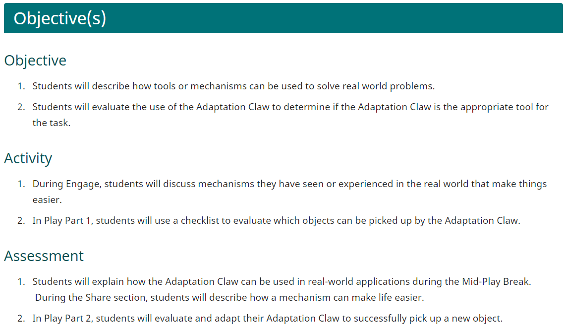 Screenshot of the Objectives section of a Goals and Standards page, used as an example.