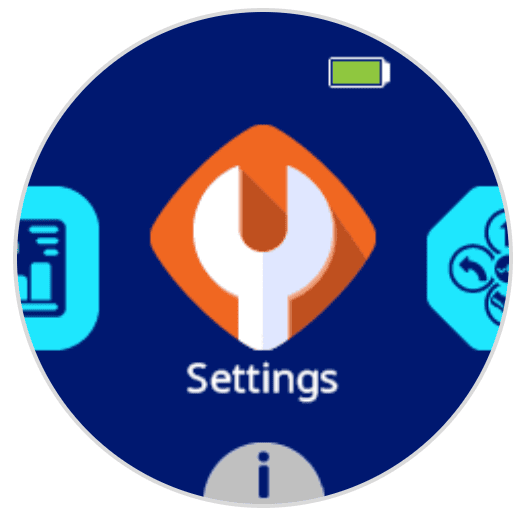 Pantalla AIM que muestra un icono de una llave con la etiqueta Settings debajo del icono.