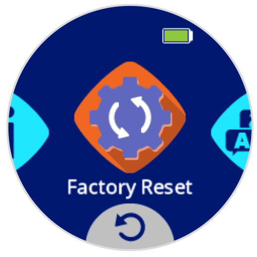 AIM-Bildschirm mit einem Zahnradsymbol und Pfeilen darin. Unter dem Bild befindet sich die Bezeichnung „Werksreset“.