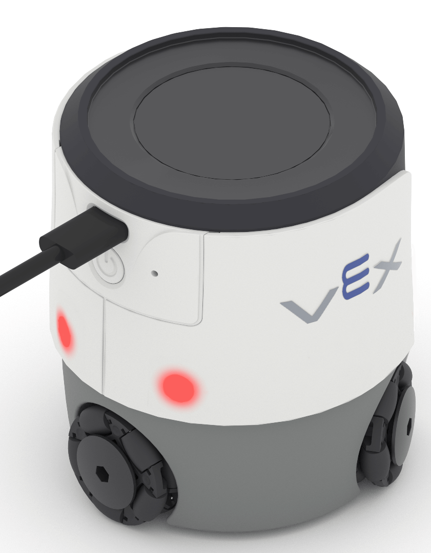 robota vypnutého pomocí kabelu zapojeného do zadní části robota. Po boku robota jsou vidět červené LED diody.