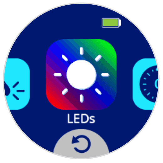 AIM স্ক্রিন, যার নীচে LED লেখা রঙিন পটভূমিতে সাদা সূর্যের আইকন রয়েছে।