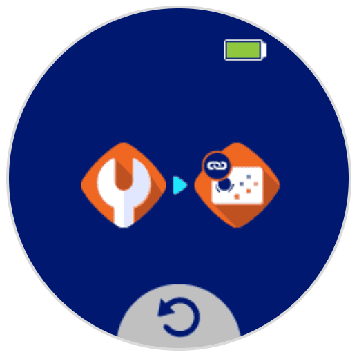 Una serie de iconos en la pantalla conectados con una flecha blanca que indica el movimiento de un paso al siguiente. El primer paso se muestra como un icono de llave inglesa blanca, que significa el menú de configuración. El segundo paso es el icono del controlador con un enlace en la parte superior izquierda.
