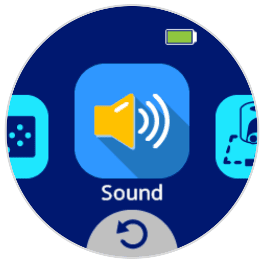 AIM-Bildschirm mit einem Mikrofon-Symbol, von dem Linien ausgehen, die Geräusche anzeigen, darunter steht „Sound“.