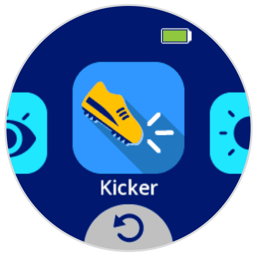 AIM-scherm met een pictogram van een schoen met lijnen die de trapbeweging aangeven. Daaronder staat 'Kicker'.