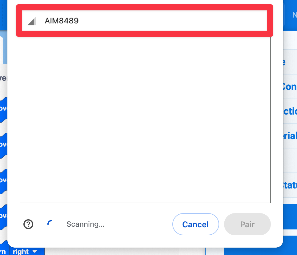 ダイアログ ボックスには、ペアリングするデバイスのリストに AIM8489 が表示されます。 強調表示されます。