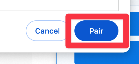 ডায়ালগ বক্সের নীচের অংশে "পেয়ার" বোতামটি দেখানো হয়েছে এবং হাইলাইট করা হয়েছে যাতে রোবটের সাথে কী সংযোগ করতে হবে তা নির্দেশ করা হয়েছে।