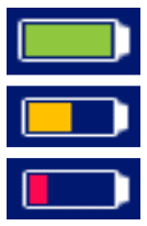 São mostradas três imagens do ícone da bateria, indicando os diferentes níveis de bateria. Na parte superior, existe um ícone verde de bateria cheia; ao centro, um ícone amarelo de uma bateria com metade da carga; e na parte inferior, um ícone vermelho de bateria fraca.