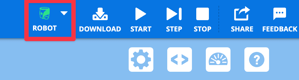 Die rechte Seite der VEXcode AIM Toolbar wird angezeigt, wobei ein grünes Robotersymbol hervorgehoben ist, was darauf hinweist, dass der Roboter verbunden ist und die Firmware auf dem neuesten Stand ist.