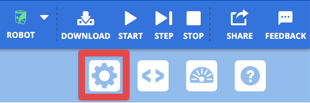 VEXcode AIM で強調表示された歯車アイコン。