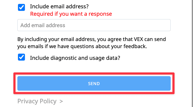 La moitié inférieure du formulaire de commentaires, mettant en évidence le bouton Envoyer en bas, indiquant ce qu'il faut sélectionner pour envoyer des commentaires.