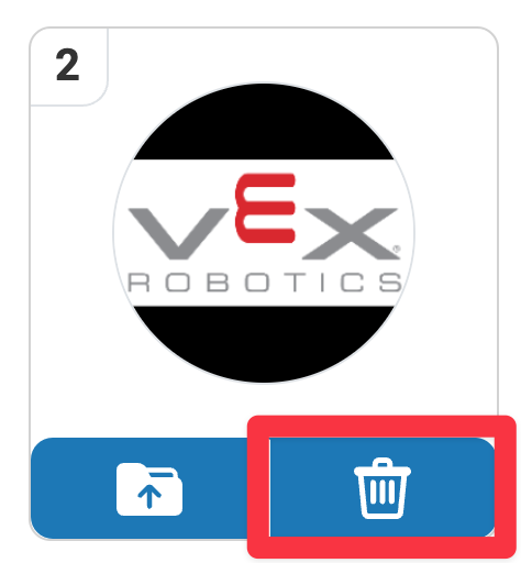 Panel de control VEXcode con una imagen cargada y visible. Se muestra un punto destacado en el icono de eliminación representado por un cubo de basura en la esquina inferior derecha.
