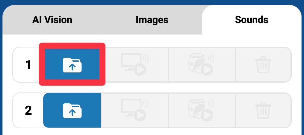 Ein Slot auf der Registerkarte „Sounds“ mit hervorgehobener Schaltfläche „Hochladen“.