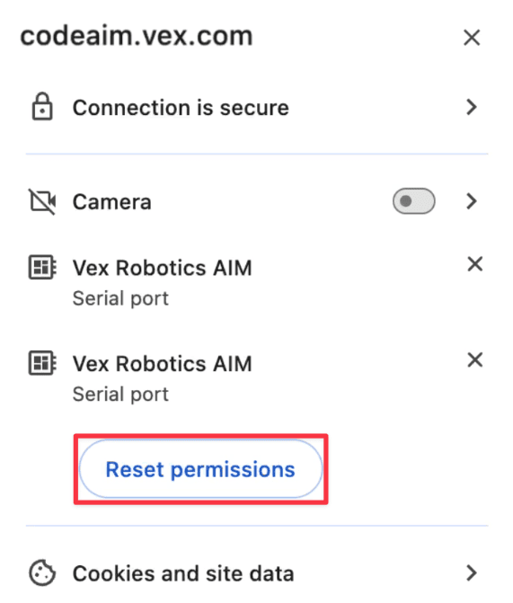 El cuadro de diálogo de permisos para el OBJETIVO VEXcode basado en la web con el botón Restablecer permisos resaltado.