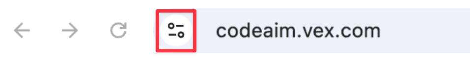 Adresar webu v horní části prohlížeče Chrome se zvýrazněnou ikonou nastavení nalevo od stránky codeaim.vex.com.