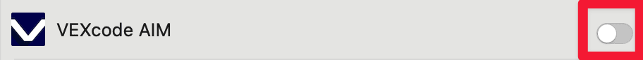 El ícono y el nombre AIM de VEXcode se muestran a la izquierda, y el interruptor está desactivado a la derecha.