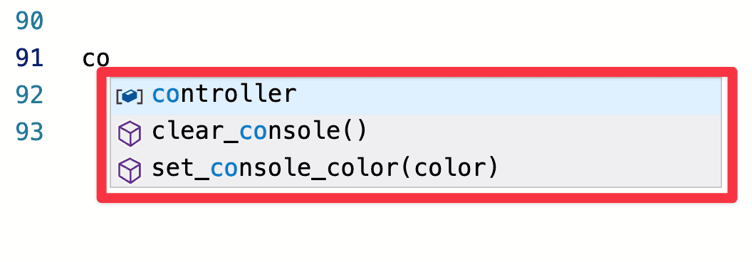 Uno screenshot del menu di selezione che appare quando vengono digitate le prime due lettere, co, di un comando. Le tre opzioni che includono co sono elencate in un menu a discesa evidenziato da una casella rossa. Le opzioni sono: controller, pulisci console e imposta colore console.