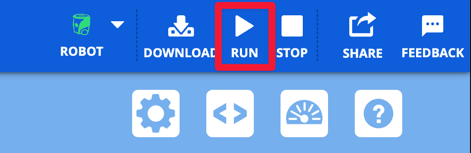 O canto superior direito da barra de ferramentas VEXcode AIM, com o botão Executar destacado à direita do botão Download.