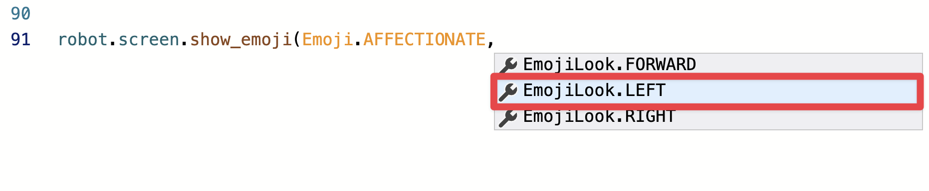 A metódus következő paraméterének befejezéséhez szükséges kiválasztási lehetőségeket bemutató képernyőkép. A második lehetőség az emoji look dot balra van kiválasztva és kiemelve.
