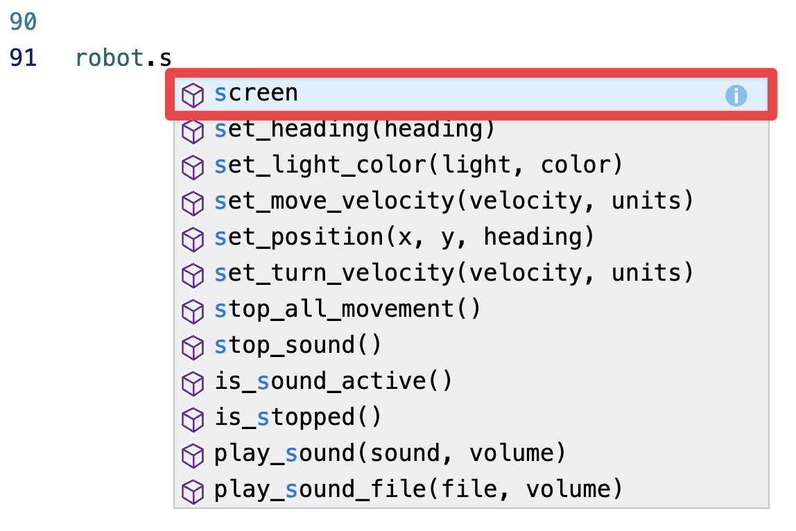 لقطة شاشة لاختيار العنصر لإضافة الجزء التالي من الأمر الذي يبدأ بـ robot dot s. يتم تمييز الخيار الأول المدرج للشاشة.