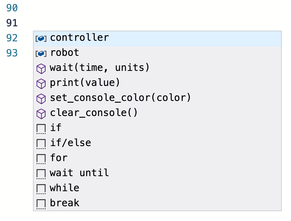 ภาพหน้าจอของเมนูการเลือกที่ปรากฏใน VEXcode AIM เมื่อกดปุ่ม Control และ Space พร้อมกัน