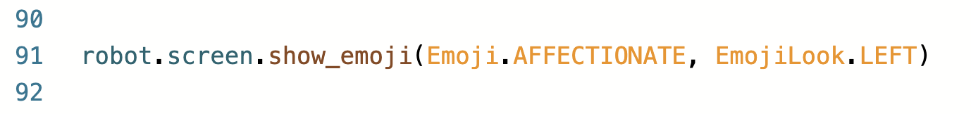 Uma captura de ecrã do comando Python completo criado utilizando a funcionalidade Autocomplete é apresentada e diz robot dot screen dot show underscore emoji, com emoji dot affective, comma, emoji look dot left entre parênteses.