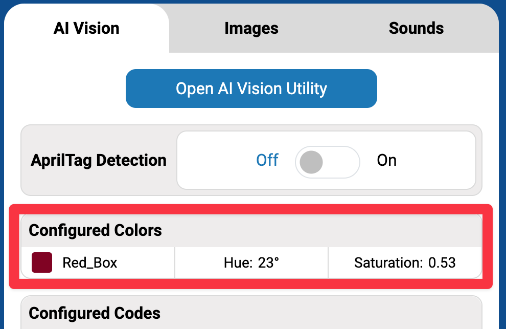 Vue agrandie du panneau de configuration dans VEXcode AIM avec une surbrillance autour de la section Couleurs configurées. À l'intérieur se trouve une ligne qui correspond à la couleur précédemment configurée.