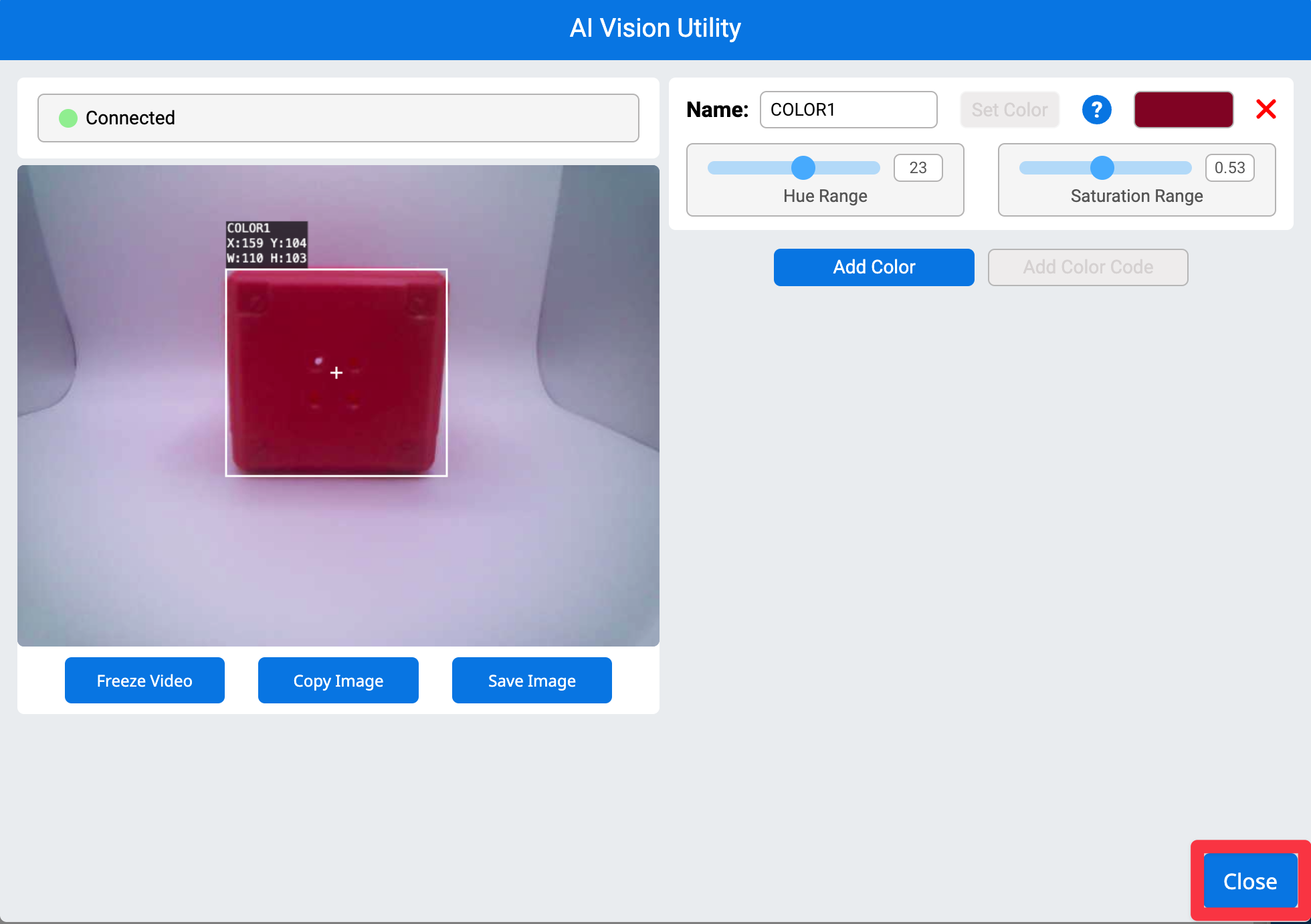 AI Vision Utility programoje VEXcode AIM su paryškintu uždarymo mygtuku apatiniame dešiniajame kampe.