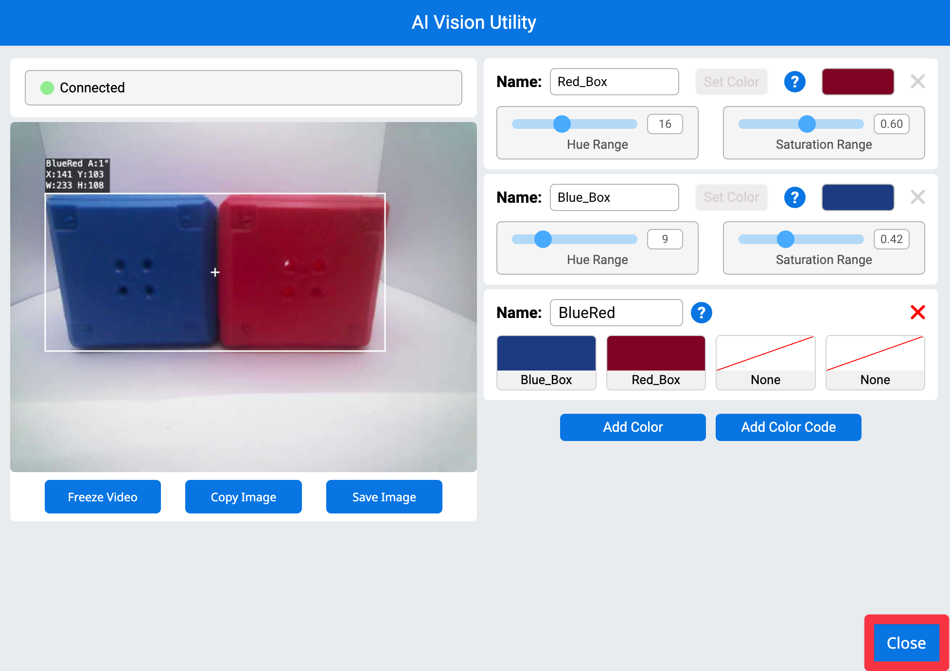 VEXcode AIM の AI Vision Utility で、右下隅の閉じるボタンがハイライト表示されます。