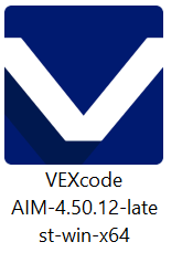 Icona del file di installazione di VEXcode AIM per Windows con il nome file 'VEXcode AIM-4.50.12-latest-win-x64.exe' visualizzato sotto.