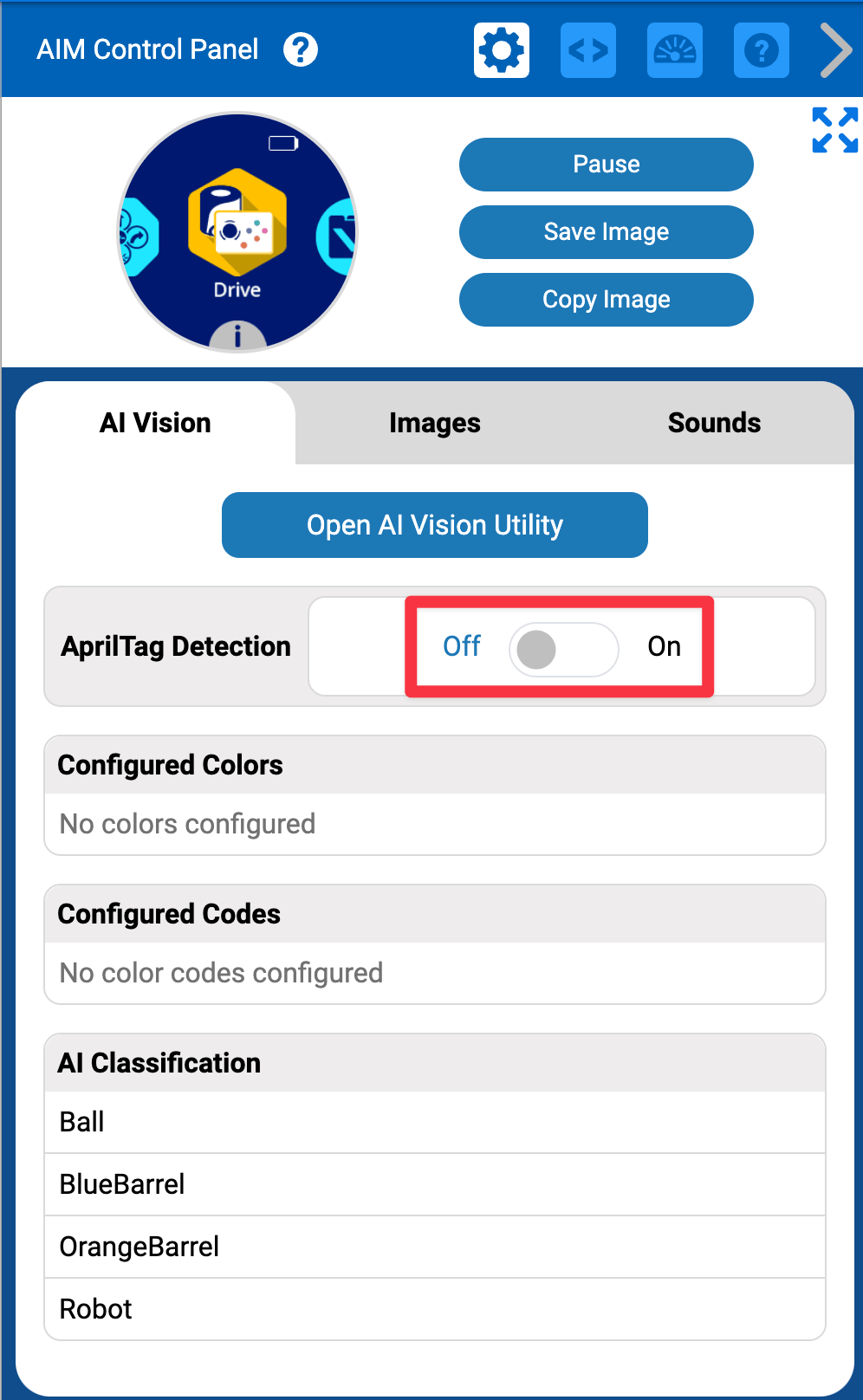 Pannello di controllo AIM VEXcode con rilevamento AprilTag disattivato.
