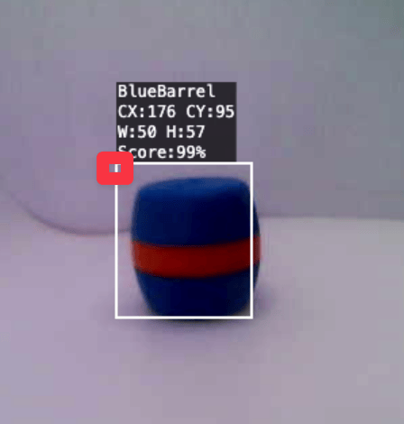 Een Blue Barrel wordt gevolgd door een visiesysteem. Het object wordt omgeven door een witte omtrek, met in het midden een wit kruis. Het label linksboven geeft aan dat het object een Blue Barrel is, met de coördinaten van het midden: CX:176, CY:95 en de afmetingen B:50, H:57. Een klein rood vierkantje markeert de linkerbovenhoek van het object.