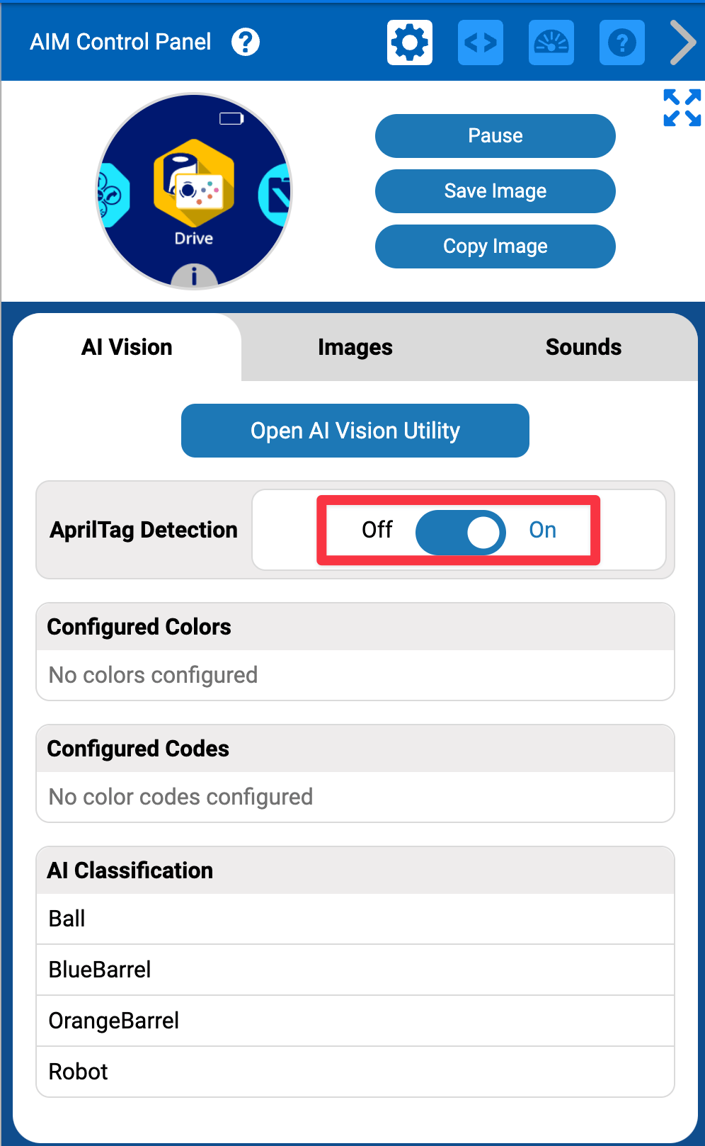Панель управления VEXcode AIM с включенным обнаружением AprilTag.