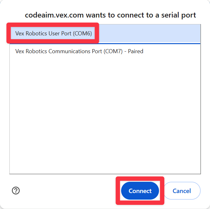 Ikkuna portin valintaa varten Windows-laitteella, joka on auki ja VEX Robotics User Port on korostettuna.
