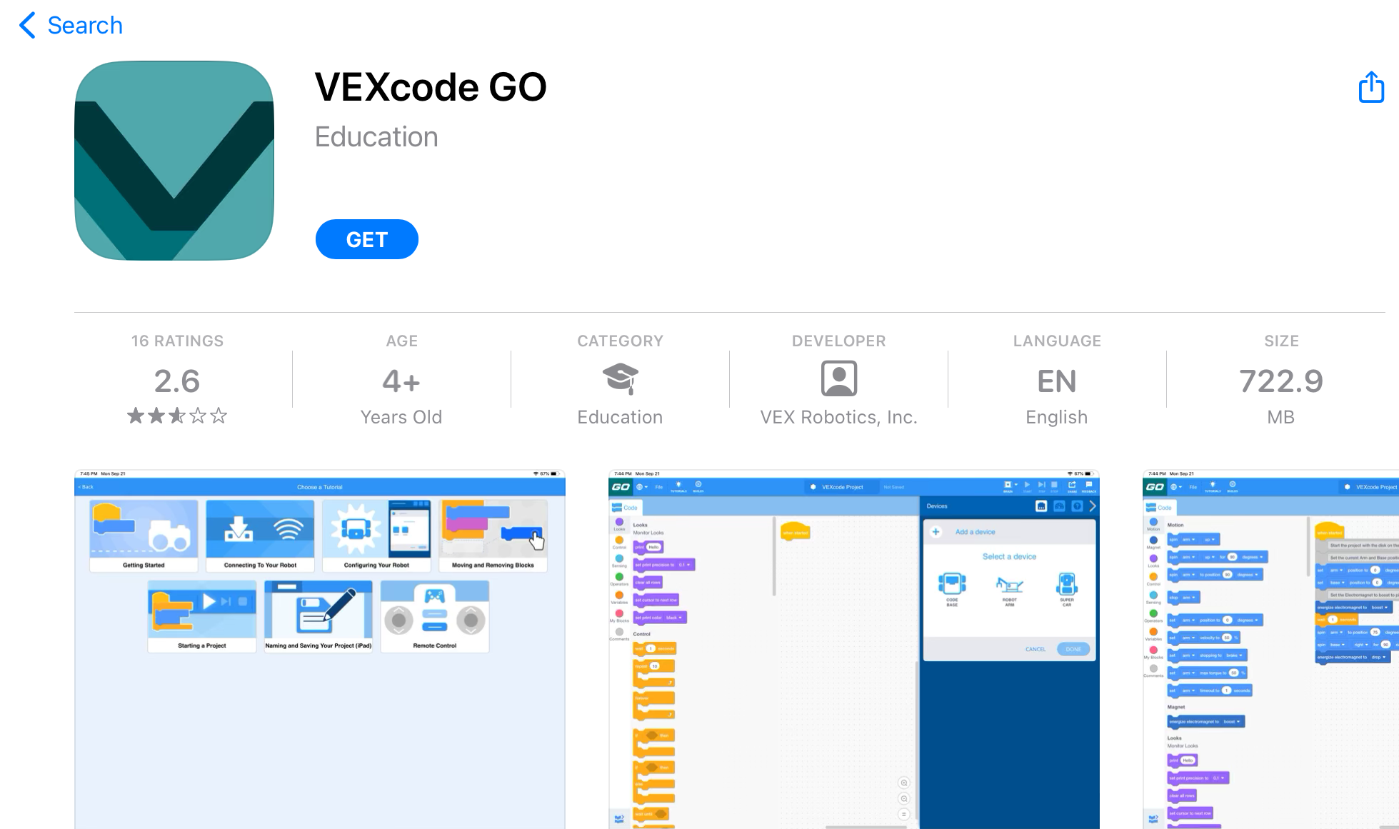 VEXcode GO listing in the Apple App Store, with a blue Get button that will install the application onto the iPad.