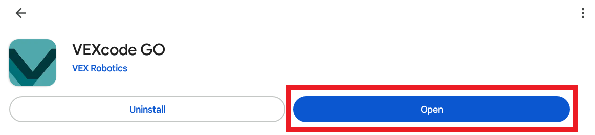 VEXcode GO listing in the Google Play Store with the app installed and the Open button highlighted.