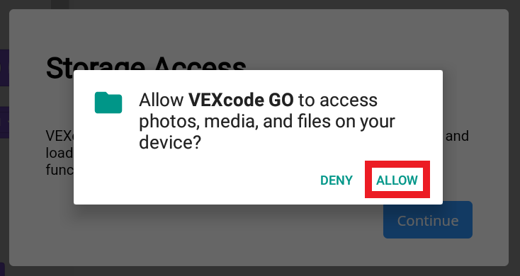 Storage Permission prompt from the Android device that reads 'Allow VEXcode GO to access photos, media, and files on your device?' The Allow button below is highlighted.