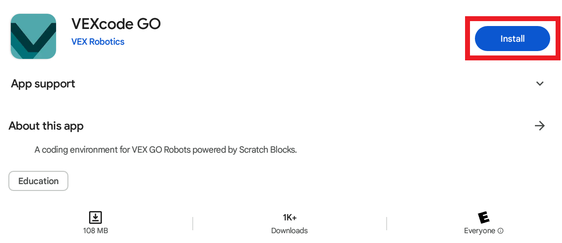 VEXcode GO listing in the Google Play Store with the Install button highlighted.