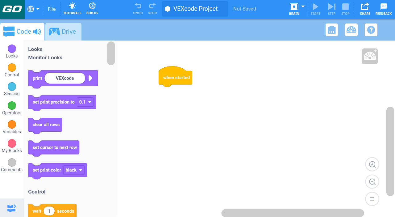 VEXcode GO application opened on an Android tablet.