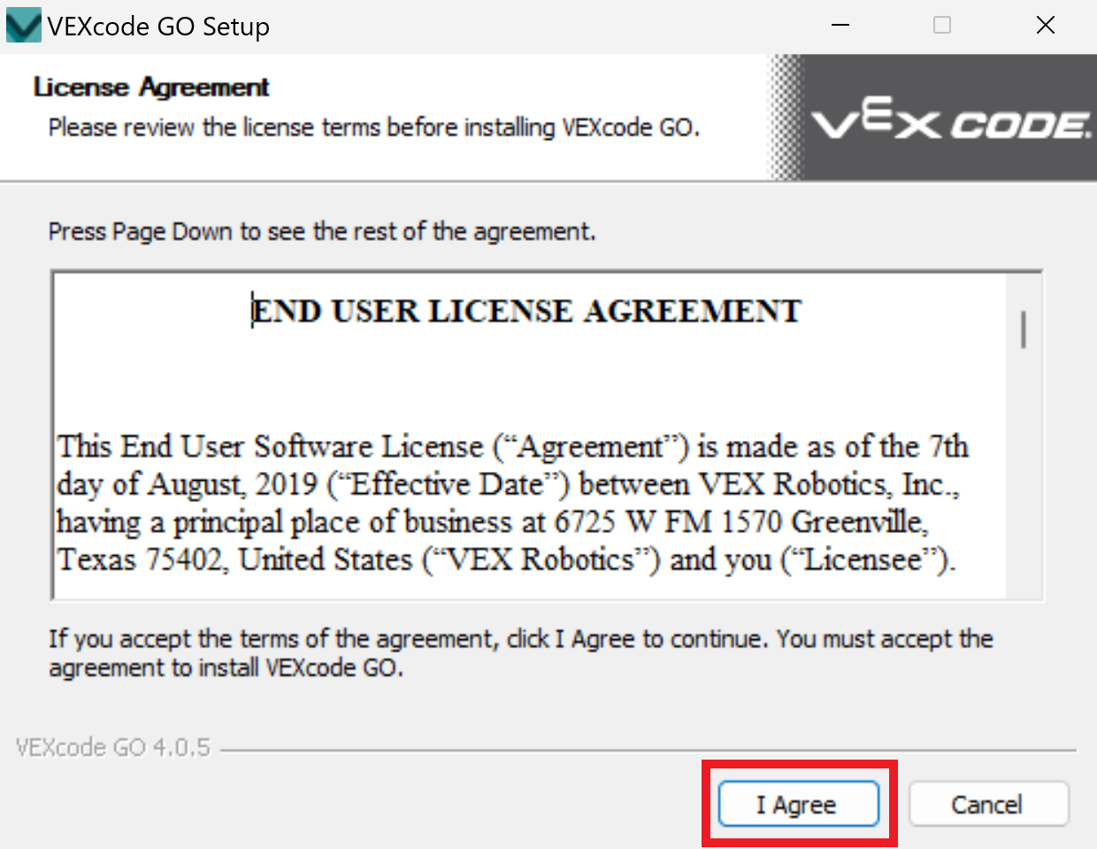 VEXcode GO Setup window showing the License Agreement. The I Agree button below is highlighted.