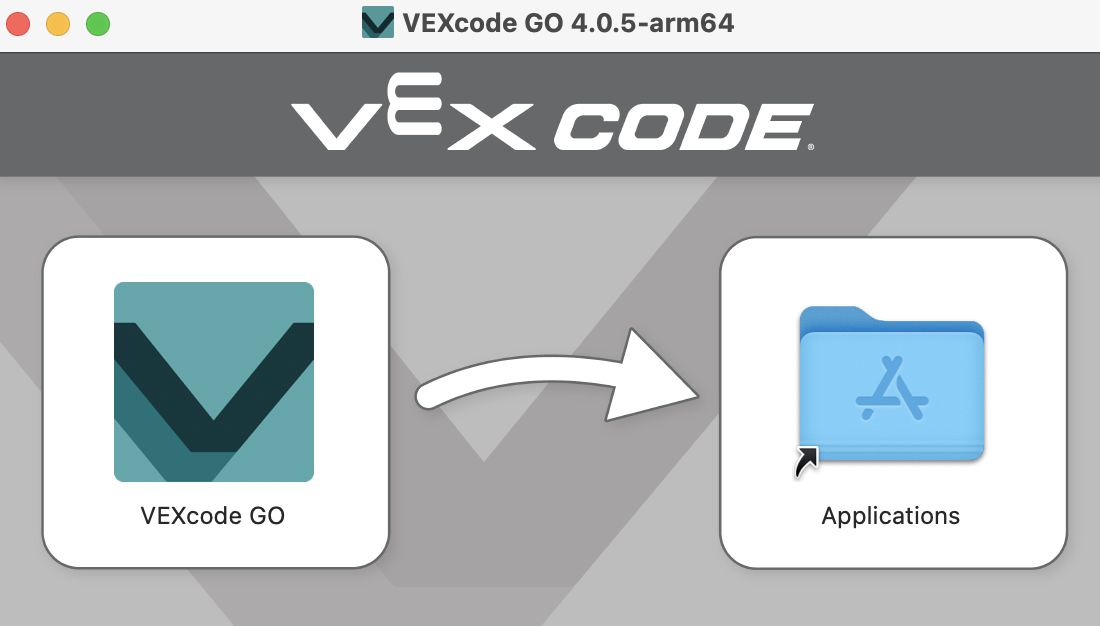 VEXcode GO installation screen that shows the icon for VEXcode GO next to the icon for the Applications folder.