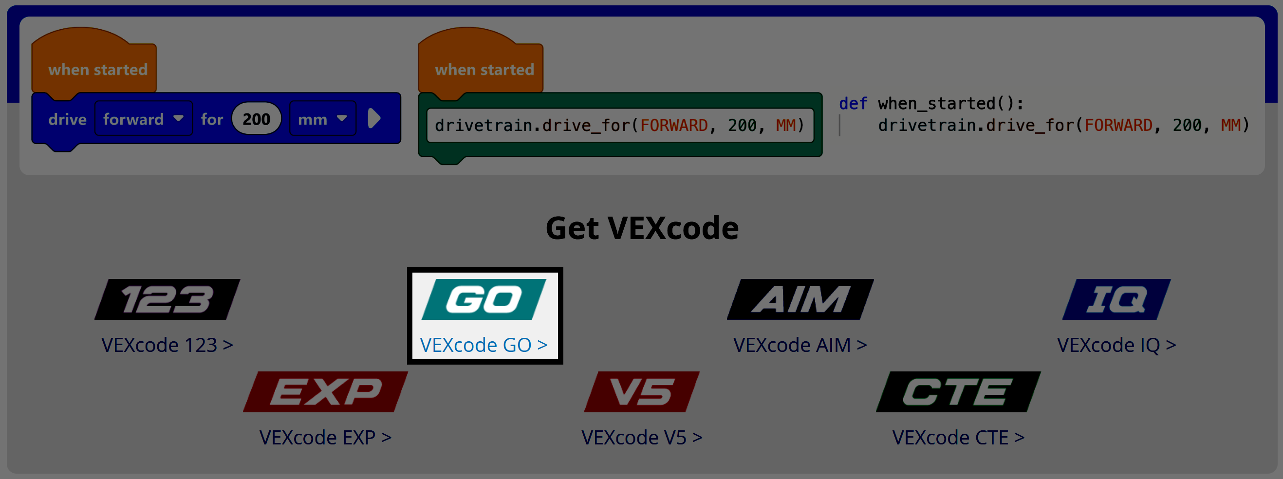 Download VEXcode Now section of the VEXcode page, with a highlighted link to download VEXcode GO under the Blocks category.