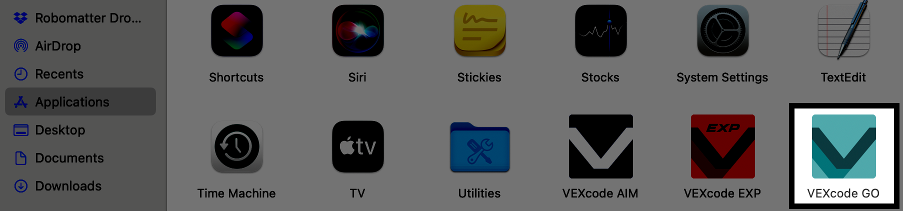 VEXcode GO application icon shown in the Applications folder.