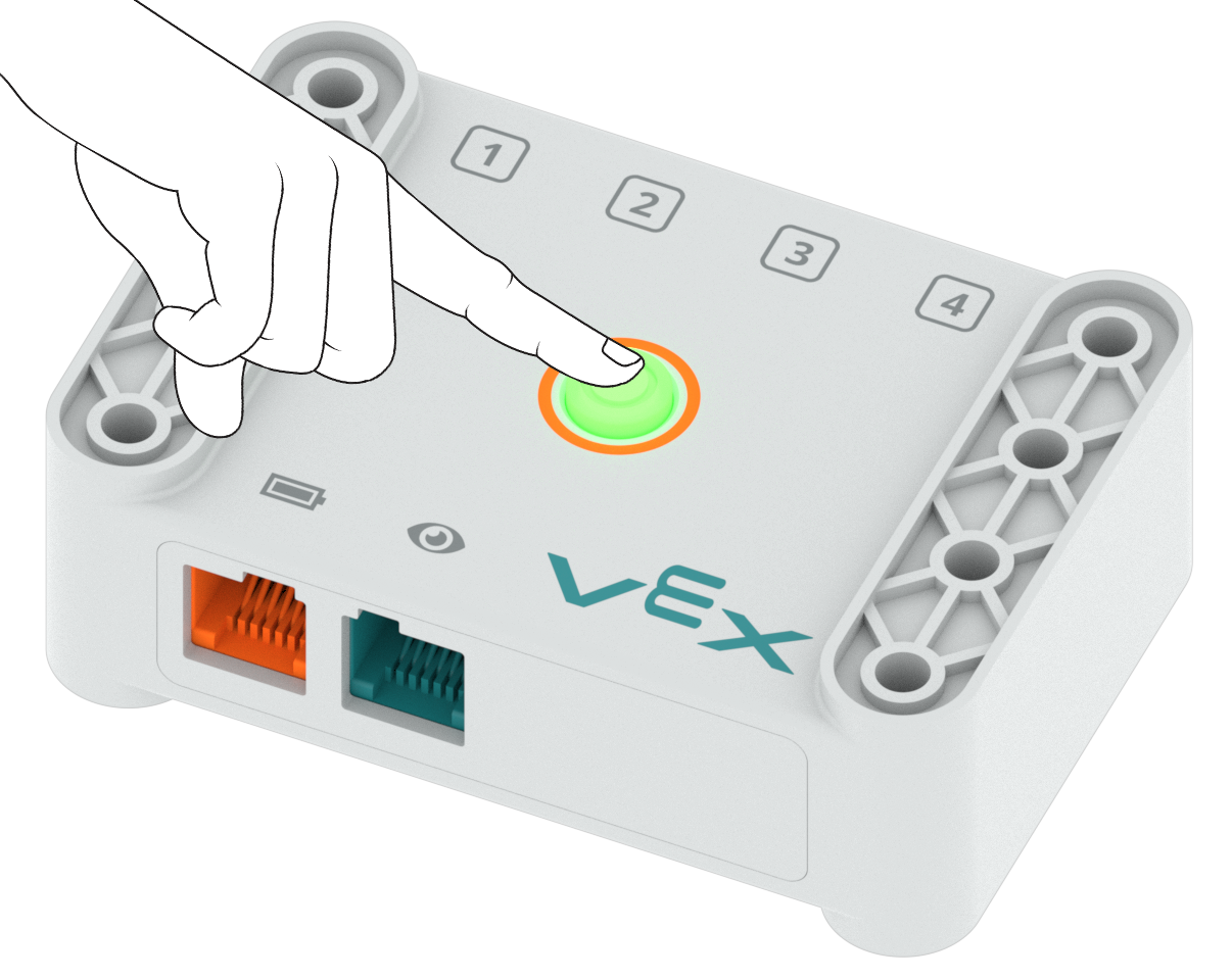 Diagram of a hand pressing down on the Brain's power button to turn it on. The button will glow green when it is turned on.