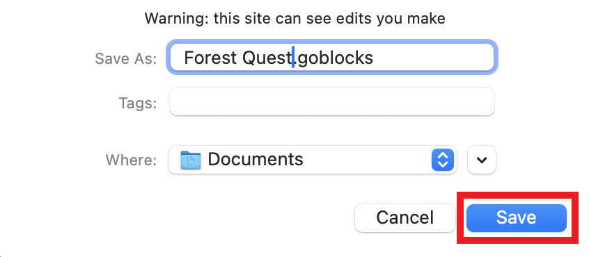 The device's Save As menu is open and set to save to the Documents folder, with the project's name changed to Forest Quest and the Save button on the bottom right highlighted.