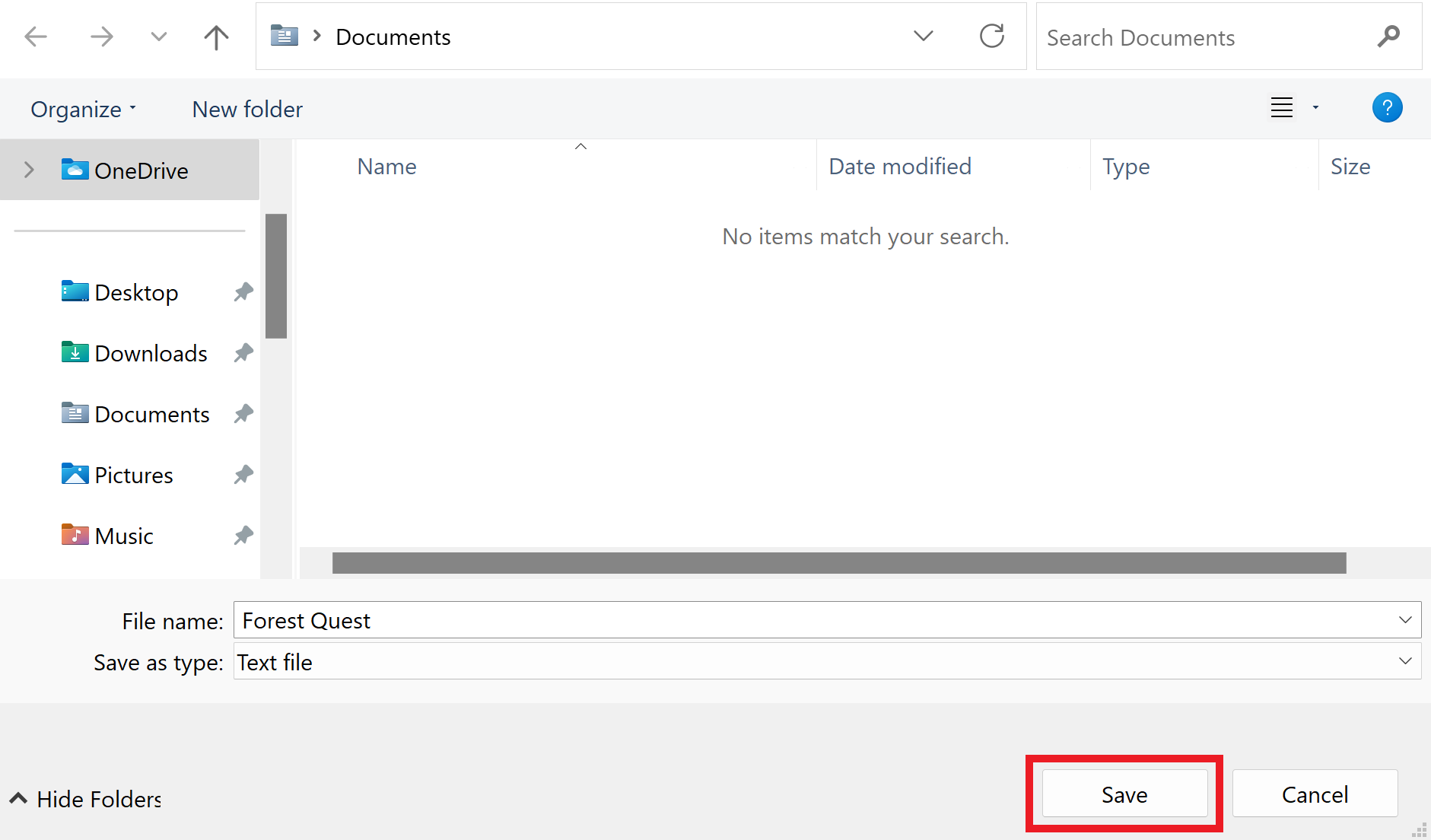 The device's Save File menu is open and set to save to the Documents folder, with the project's name changed to Forest Quest and the Save button on the bottom right highlighted.