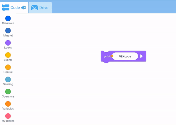 The cursor selecting the Print block's parameters stops at its text field, and then once the return key is pressed it turns blue to indicate that the selection has been saved.
