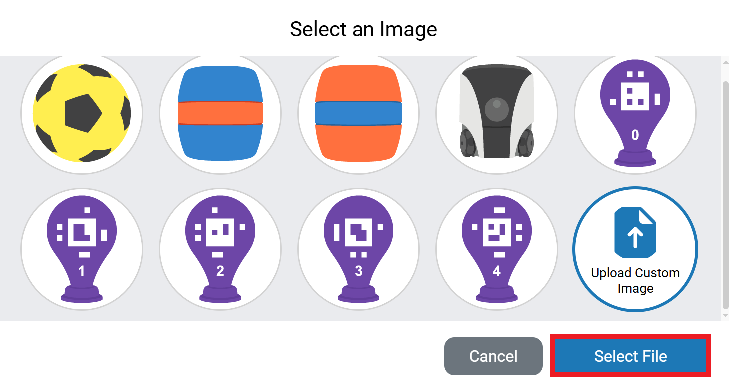 The Image Selector interface displays a grid of circular icons containing uppercase letters Q through Z. Below these, there is a circular button labeled Upload Custom Image, outlined in blue with an upward arrow icon. At the bottom, two buttons are present: a gray Cancel button and a blue Select File button, which is outlined in red.
