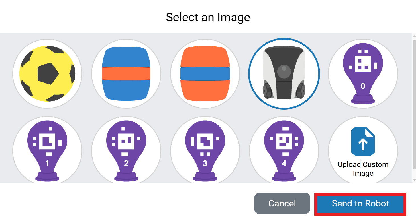 The Image Selector interface displays a grid of circular icons representing different images, including a soccer ball, barrels in different colors, a robot, numbered purple light bulbs, and letters A through F. One of the images, a robot, is selected and highlighted with a blue border. At the bottom, there are two buttons: a gray Cancel button and a blue Send to Robot button, which is outlined in red.